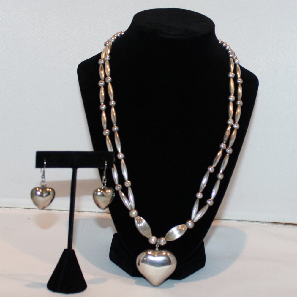 silver tone metal‎ double strand beaded necklace w/ heart pendant & earrings set